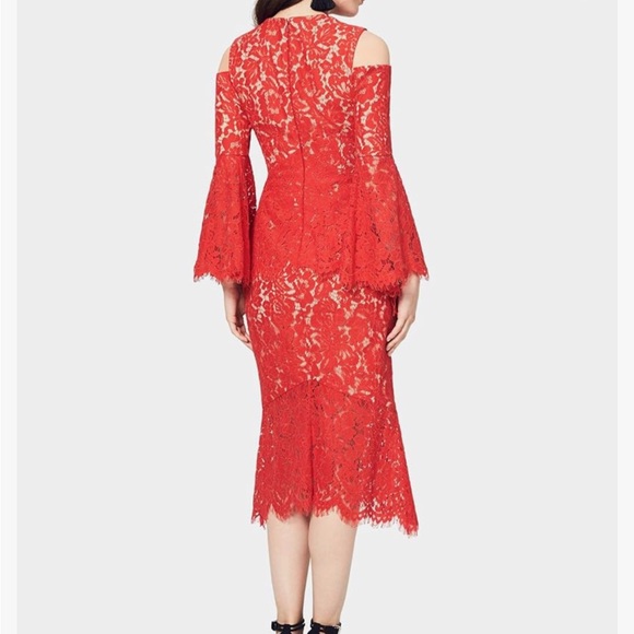 Fame & Partners Womens Red Lace Bell Sleeve Jewel Neck Tea Length Dress - Picture 2 of 6